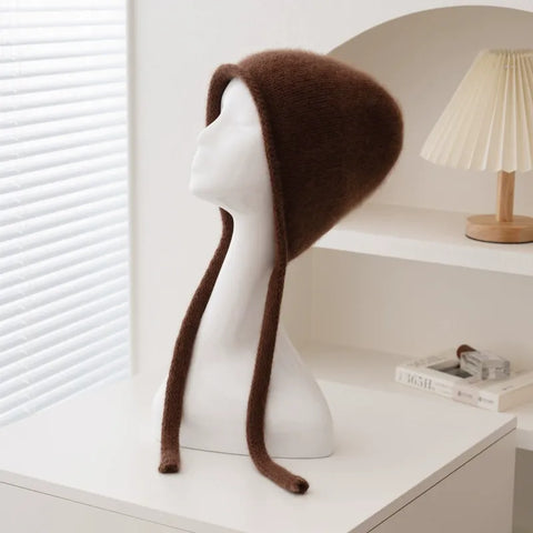 100% Cashmere Soft Winter Knit Bonnet Hat with Ties French Braid Hat