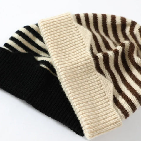 100% Cashmere Striped Thicken Knit Beanie Hat for Kids
