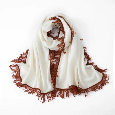 Soft Large Fringed Knitted Cashmere Shawl Warm Color-block Scarf