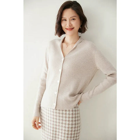 V-Neck Plain Minimalist Button-Up Knit Cardigan Sweater for Women