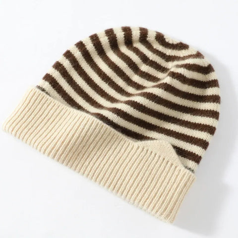 100% Cashmere Striped Thicken Knit Beanie Hat for Kids