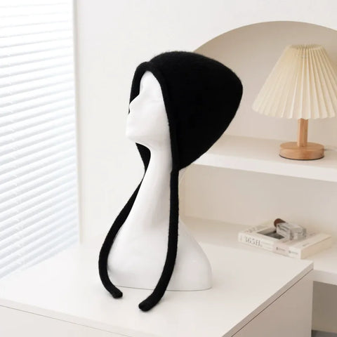 100% Cashmere Soft Winter Knit Bonnet Hat with Ties French Braid Hat