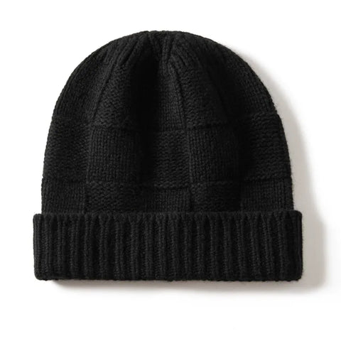 Ribbed 100% Cashmere Checkerboard Knit Cuffed Beanie