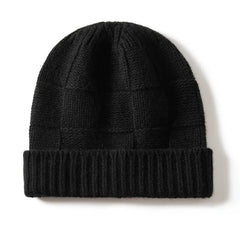 Ribbed 100% Cashmere Checkerboard Knit Cuffed Beanie