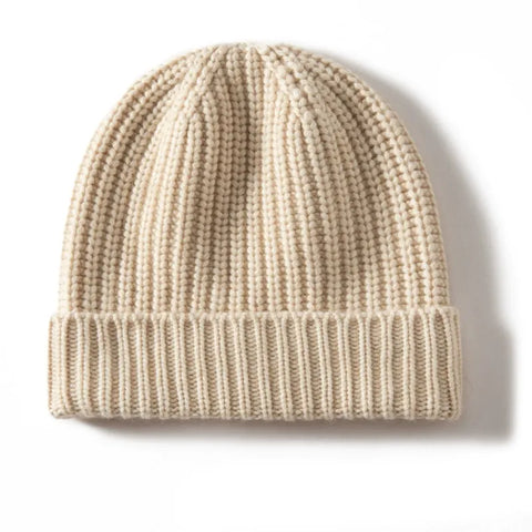 Soft Warm Ribbed 100% Cashmere Beanie Cap Knit Hat with Folded Cuff