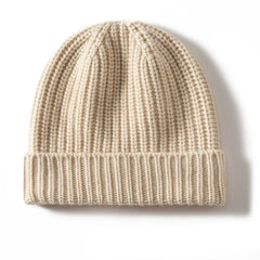 Warm Ribbed 100% Cashmere Beanie Cap Knit Hat with Folded Cuff