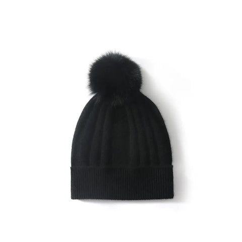 100% Cashmere Ribbed Chunky Knit Beanie with Pom-Pom for Women