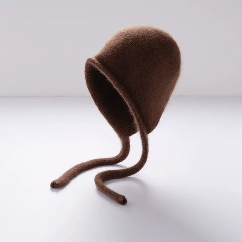100% Cashmere Soft Winter Knit Bonnet Hat with Ties French Braid Hat
