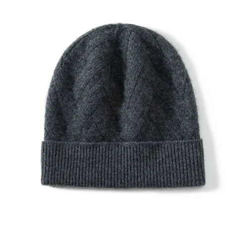 100% Cashmere Knitted Textured Chevron Rib Soft Beanie