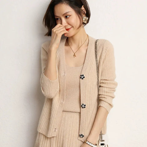 Ribbed V-Neck Slim Striped Ladies Knit Sweater Cashmere Wool Cardigan