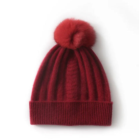 100% Cashmere Ribbed Chunky Knit Beanie with Pom-Pom for Women