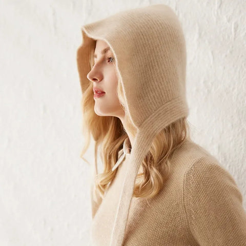 100% Cashmere Hood with Ties Knit Hood Scarf  Wrap Beanie Hats