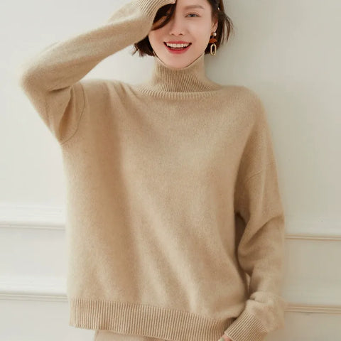 Casual Loose Turtleneck Pullover Cashmere Thick Mock Neck Sweater For Winter