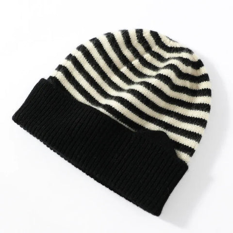 100% Cashmere Striped Thicken Knit Beanie Hat for Kids