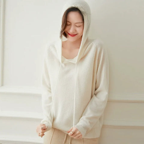 Women's Casual Drawstring Pullover Loose Fit Cashmere Hoodie Sweater
