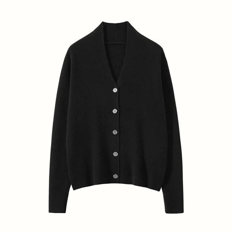 V-Neck Plain Minimalist Button-Up Knit Cardigan Sweater for Women