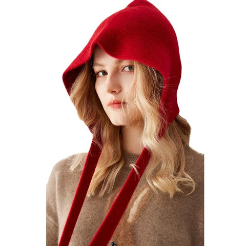 100% Cashmere Hood with Ties Knit Hood Scarf  Wrap Beanie Hats