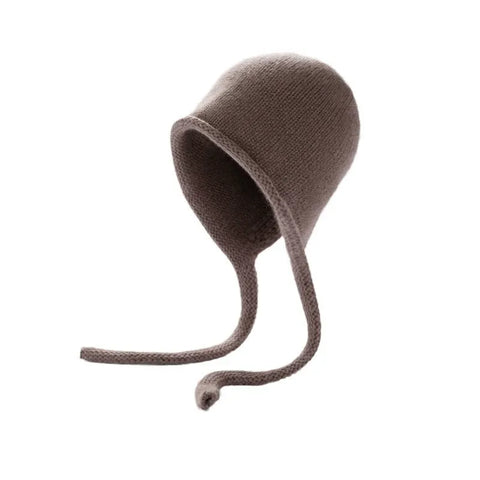 100% Cashmere Soft Winter Knit Bonnet Hat with Ties French Braid Hat