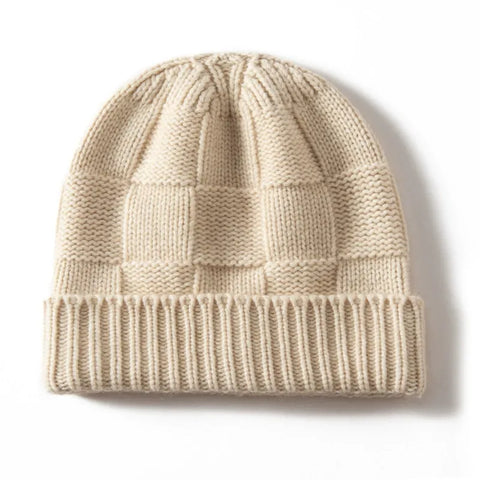 Ribbed 100% Cashmere Checkerboard Knit Cuffed Beanie