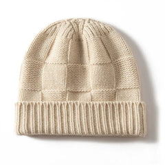 Ribbed 100% Cashmere Checkerboard Knit Cuffed Beanie