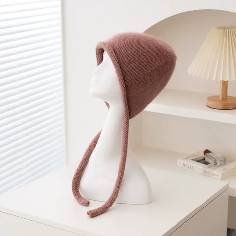100% Cashmere Soft Winter Knit Bonnet Hat with Ties French Braid Hat