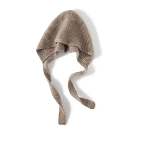 100% Cashmere Hood with Ties Knit Hood Scarf  Wrap Beanie Hats