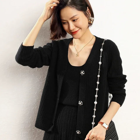 Ribbed V-Neck Slim Striped Ladies Knit Sweater Cashmere Wool Cardigan