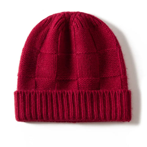 Ribbed 100% Cashmere Checkerboard Knit Cuffed Beanie