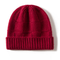 Ribbed 100% Cashmere Checkerboard Knit Cuffed Beanie
