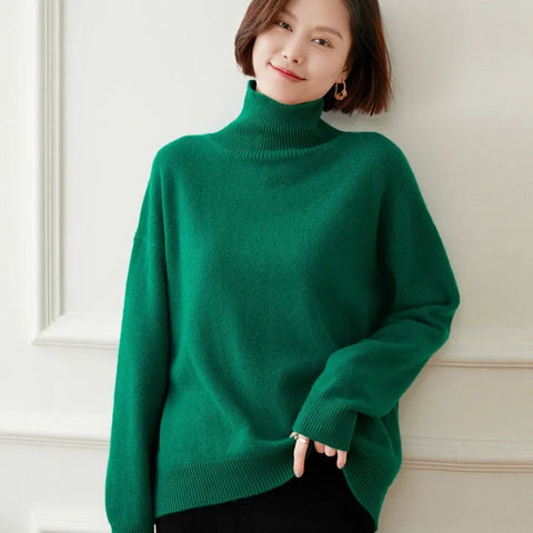 Casual Loose Turtleneck Pullover Cashmere Thick Mock Neck Sweater For Winter
