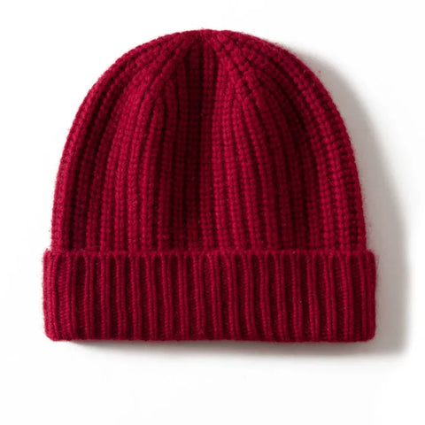 Soft Warm Ribbed 100% Cashmere Beanie Cap Knit Hat with Folded Cuff