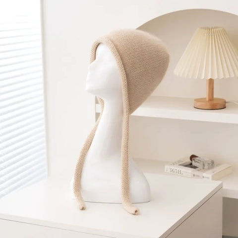 100% Cashmere Soft Winter Knit Bonnet Hat with Ties French Braid Hat