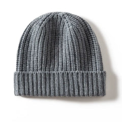 Warm Ribbed 100% Cashmere Beanie Cap Knit Hat with Folded Cuff