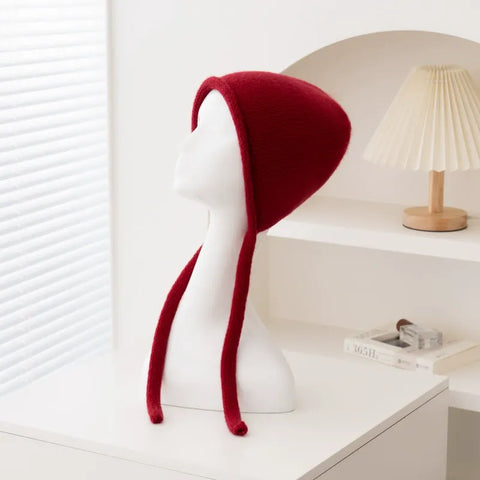 100% Cashmere Soft Winter Knit Bonnet Hat with Ties French Braid Hat