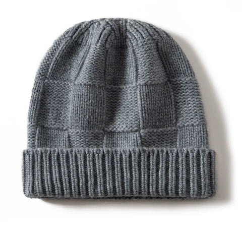 Ribbed 100% Cashmere Checkerboard Knit Cuffed Beanie