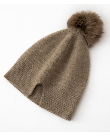 Winter Warm Knitted Hat 100% Cashmere Beanie with Fur Pom-Pom