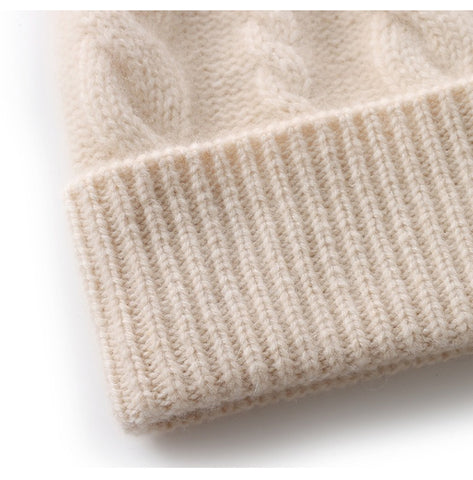 Warm Ribbed Classic Cable-Knit Pure Cashmere Beanie Hat