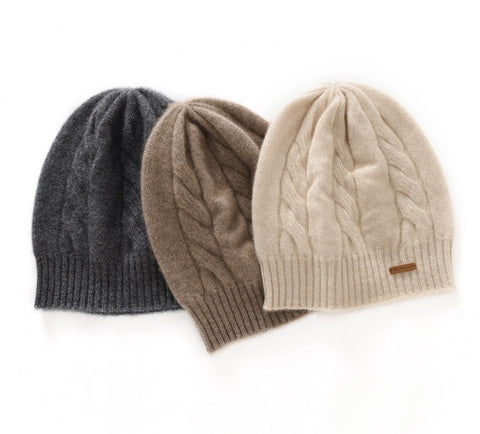 Cable-Knit 100% Cashmere Soft Warm Beanie Hat Twisted Flower Cap