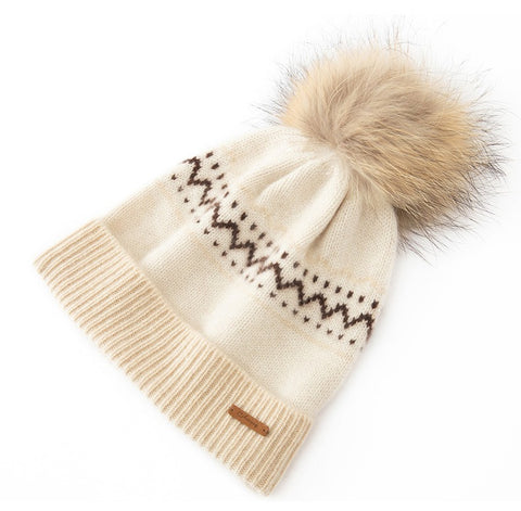 100% Cashmere Fair Isle Knit Beanie Hat with Fur Pom-Pom  For Women