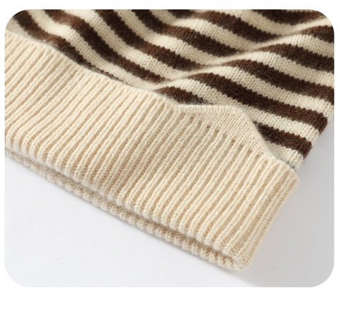 100% Cashmere Striped Thicken Knit Beanie Hat for Kids