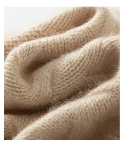 100% Cashmere Beanie Cable Knit Beanie Hat with Fur Pom Pom