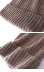 Classic Knit Winter 100% Cashmere Ribbed Beanie Hat