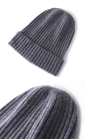 Classic Knit Winter 100% Cashmere Ribbed Beanie Hat for Women & Men