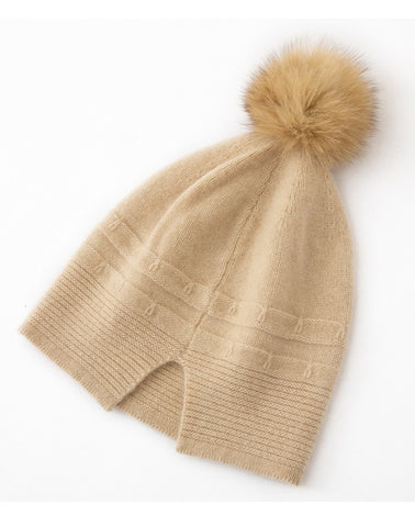 Winter Warm Knitted Hat 100% Cashmere Beanie with Fur Pom-Pom