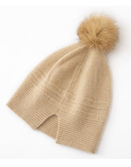 Winter Warm Knitted Hat 100% Cashmere Beanie with Fur Pom-Pom