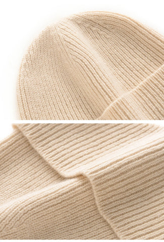 Extended Brim Winter Hat 100% Cashmere Ribbed Beanie