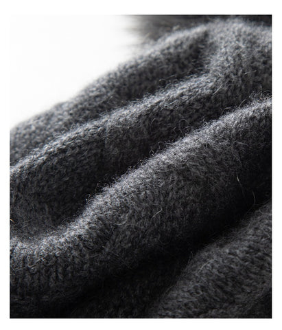 100% Cashmere Beanie Cable Knit Beanie Hat with Fur Pom Pom