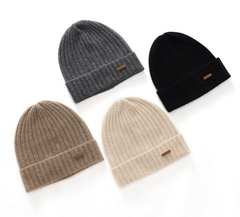 Unisex 100% Pure Cashmere Ribbed Knitted Beanie Cuffed Hat with Logo Patch