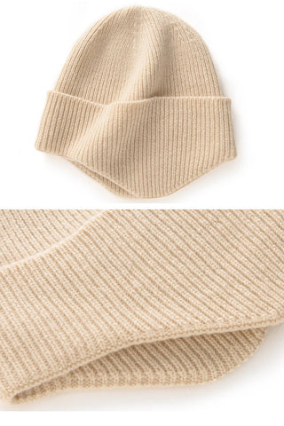 Extended Brim Winter Hat 100% Cashmere Ribbed Beanie