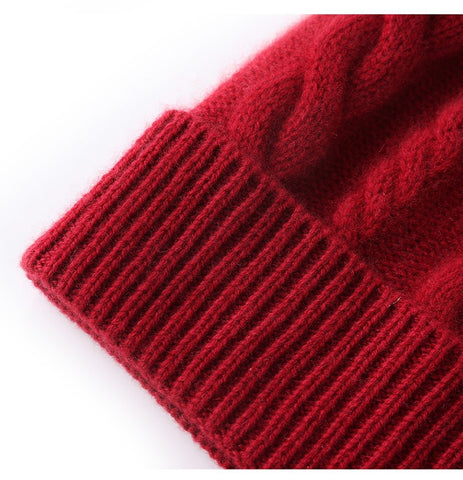 Warm Ribbed Classic Cable-Knit Pure Cashmere Beanie Hat